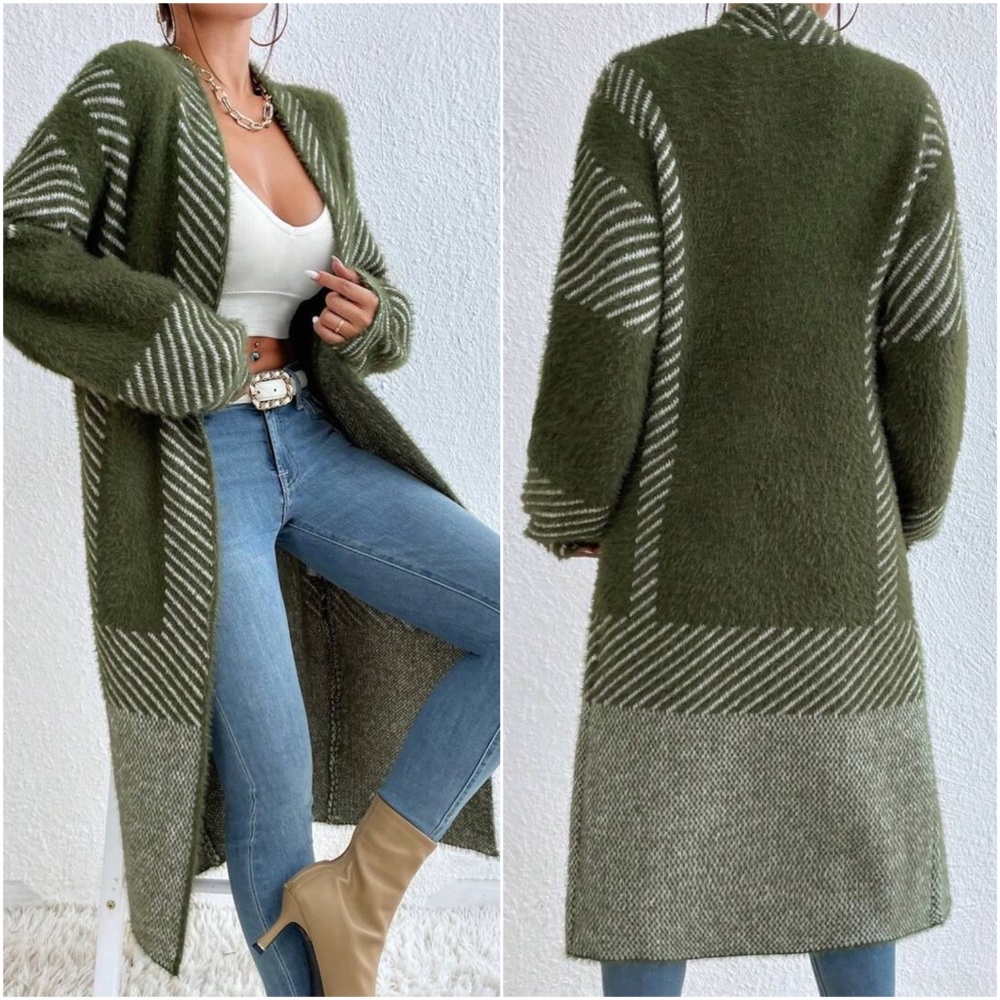 Cozy Color Block Stripes Fuzzy Open Front Cardigan - Picture 7 of 7